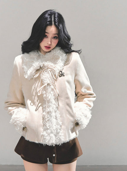 Furry Ribbon Charm Jacket - Apricot