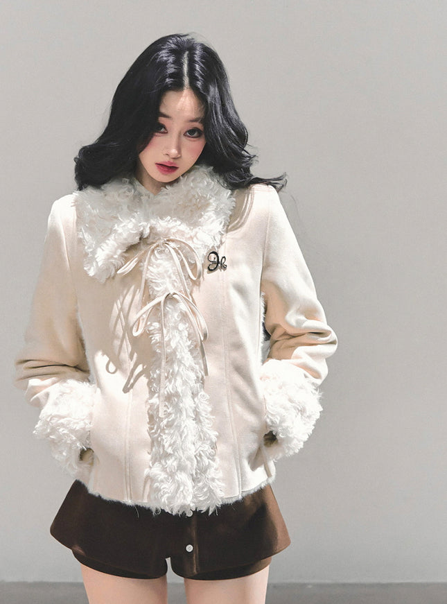 Furry Ribbon Charm Jacket - Apricot