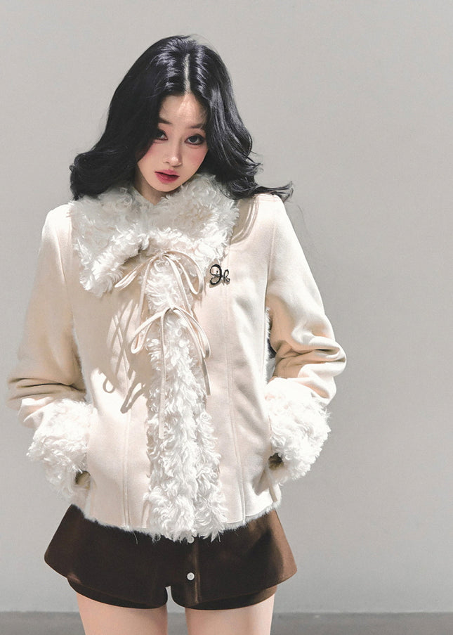 Furry Ribbon Charm Jacket - Apricot