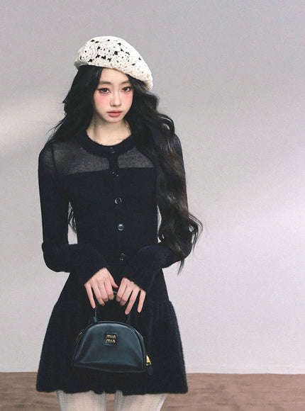 Black Veil Flare Knit Mini Dress
