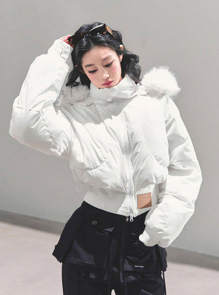 Minimal Fur Hood Puffer Jacket - Cream