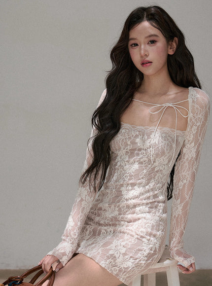 Sheer Ribbon Lace Slim Dress - White