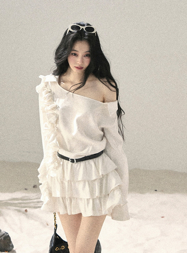 Ivory Ruffle Off Shoulder Muse Dress