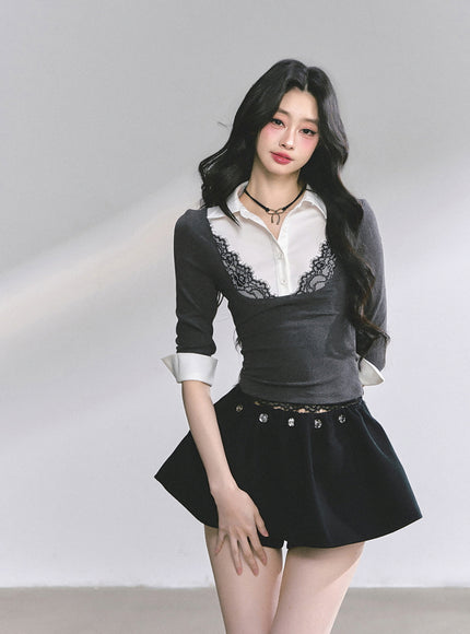 Lace-Collar Layered Knit Top