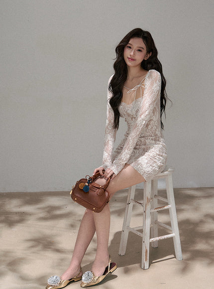 Sheer Ribbon Lace Slim Dress - White