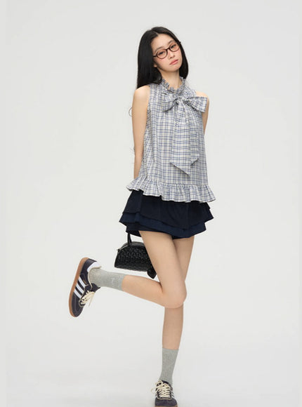 Big Bow Frill Hem Check Blous