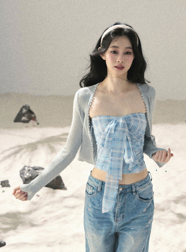 Blue Ribbon Tube Cardigan Set