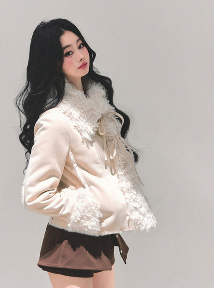 Furry Ribbon Charm Jacket - Apricot