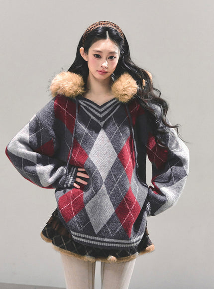 Argyle Fur Trim Knit Hoodie