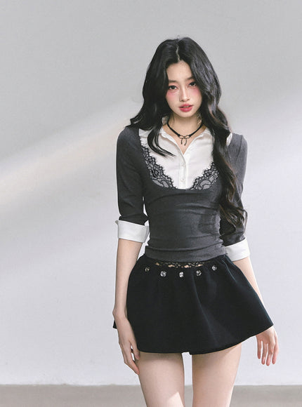 Lace-Collar Layered Knit Top