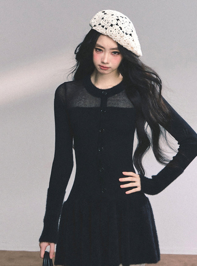 Black Veil Flare Knit Mini Dress