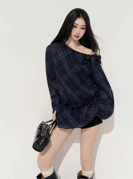 Lumi Check Ribbon Navy Mini Dress
