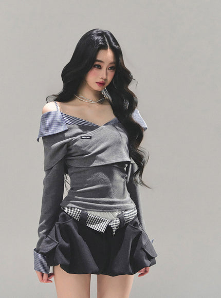 Off-Shoulder Shirt-Layer Knit Top