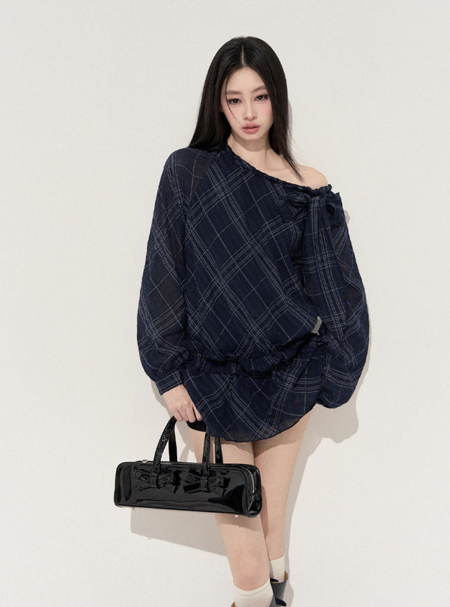 Lumi Check Ribbon Navy Mini Dress