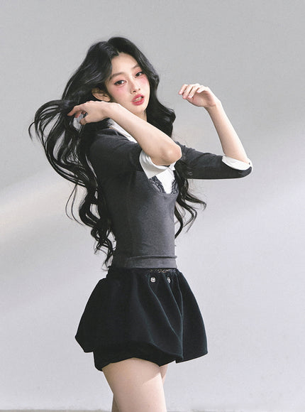 Lace-Collar Layered Knit Top