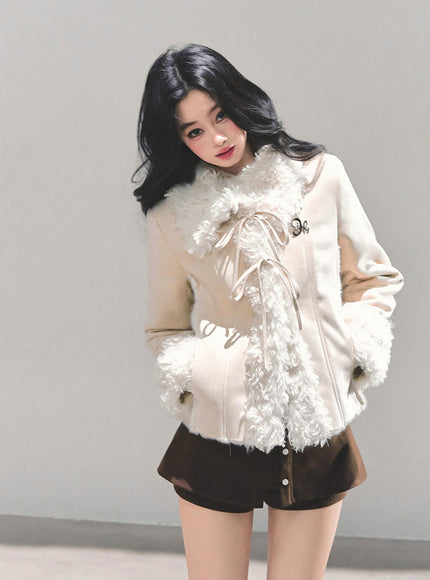 Furry Ribbon Charm Jacket - Apricot