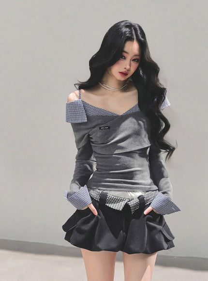 Off-Shoulder Shirt-Layer Knit Top