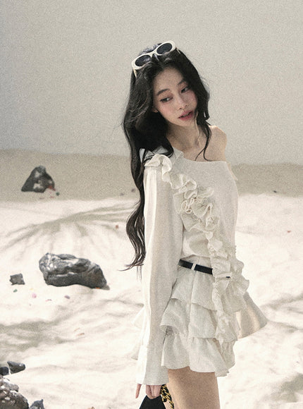 Ivory Ruffle Off Shoulder Muse Dress