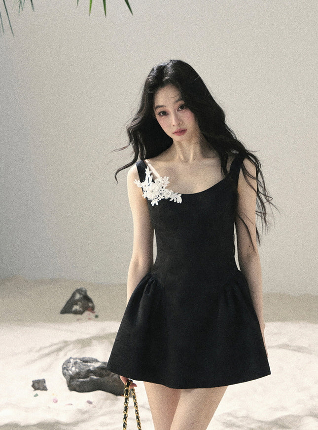 Puffy Floral Black Mini Dress