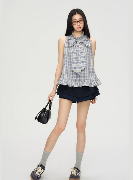 Big Bow Frill Hem Check Blous