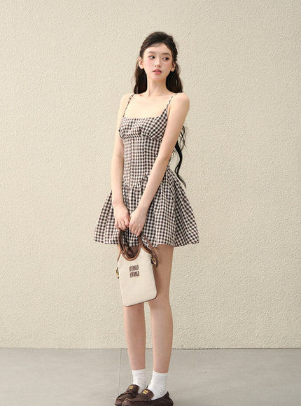 Milk Ribbon Gingham Dress - Brown