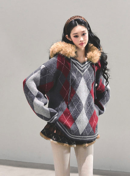 Argyle Fur Trim Knit Hoodie