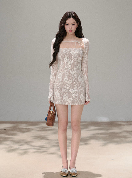 Sheer Ribbon Lace Slim Dress - White