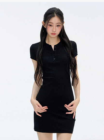 Muse Button Mini Dress- Black