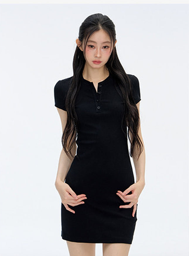 Muse Button Mini Dress- Black