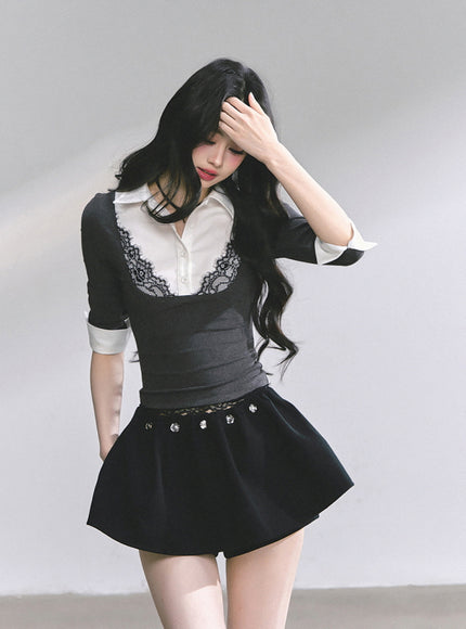 Lace-Collar Layered Knit Top