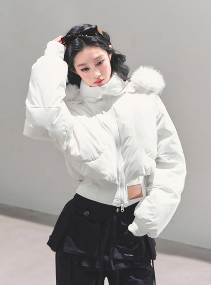 Minimal Fur Hood Puffer Jacket - Cream