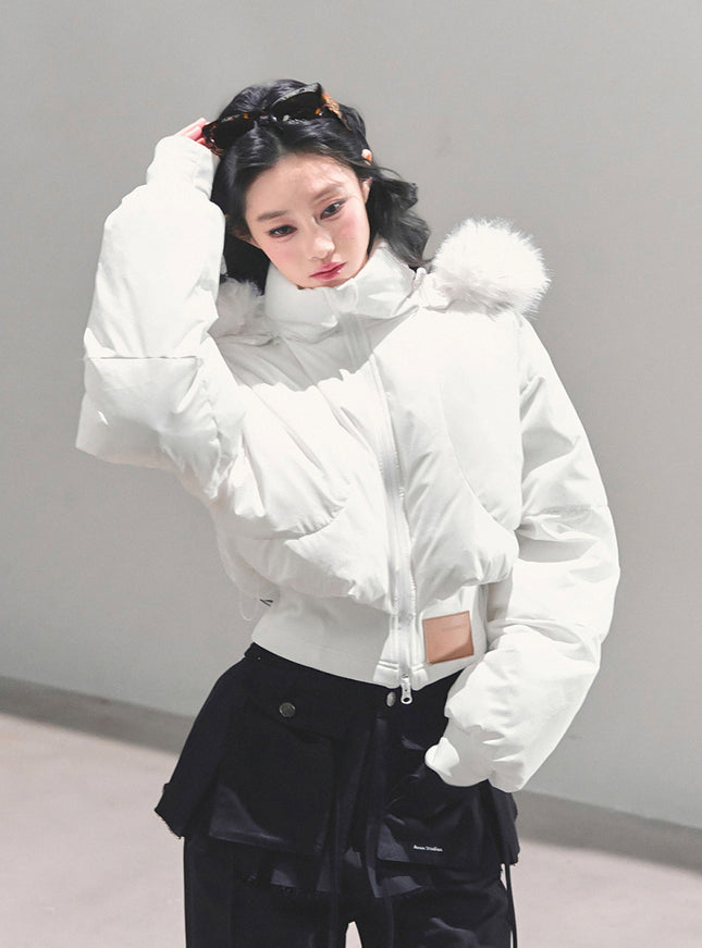 Minimal Fur Hood Puffer Jacket - Cream