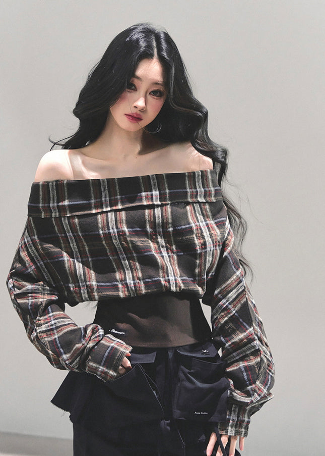 Off-Shoulder Plaid Cropped Top