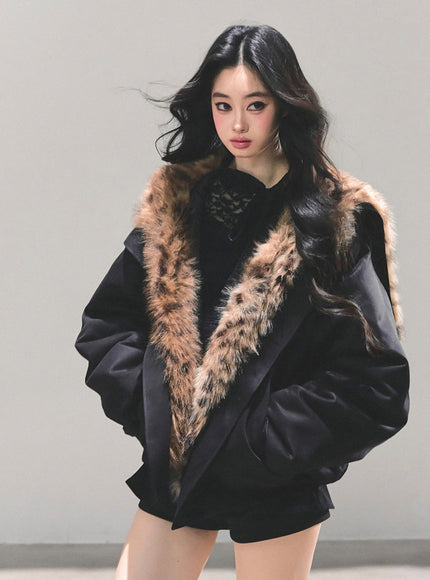 Faux Fur Trim Volume Jacket - Black