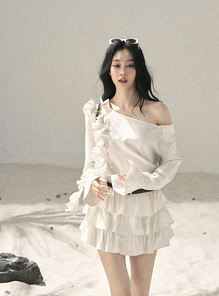 Ivory Ruffle Off Shoulder Muse Dress