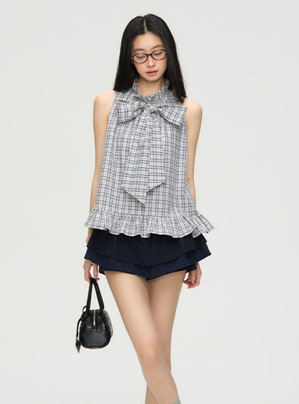 Big Bow Frill Hem Check Blous