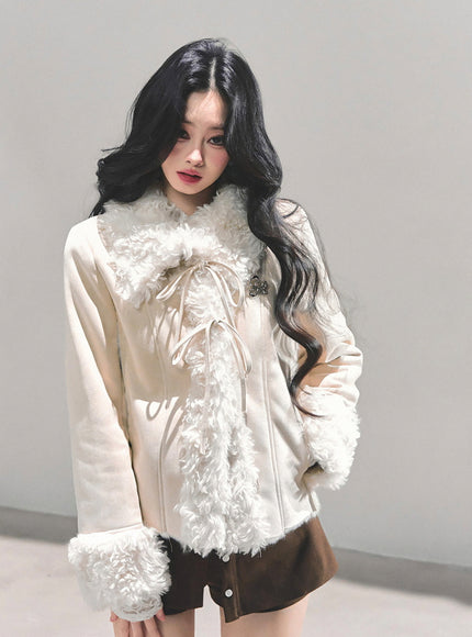 Furry Ribbon Charm Jacket - Apricot