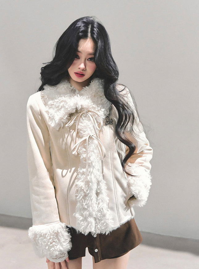 Furry Ribbon Charm Jacket - Apricot