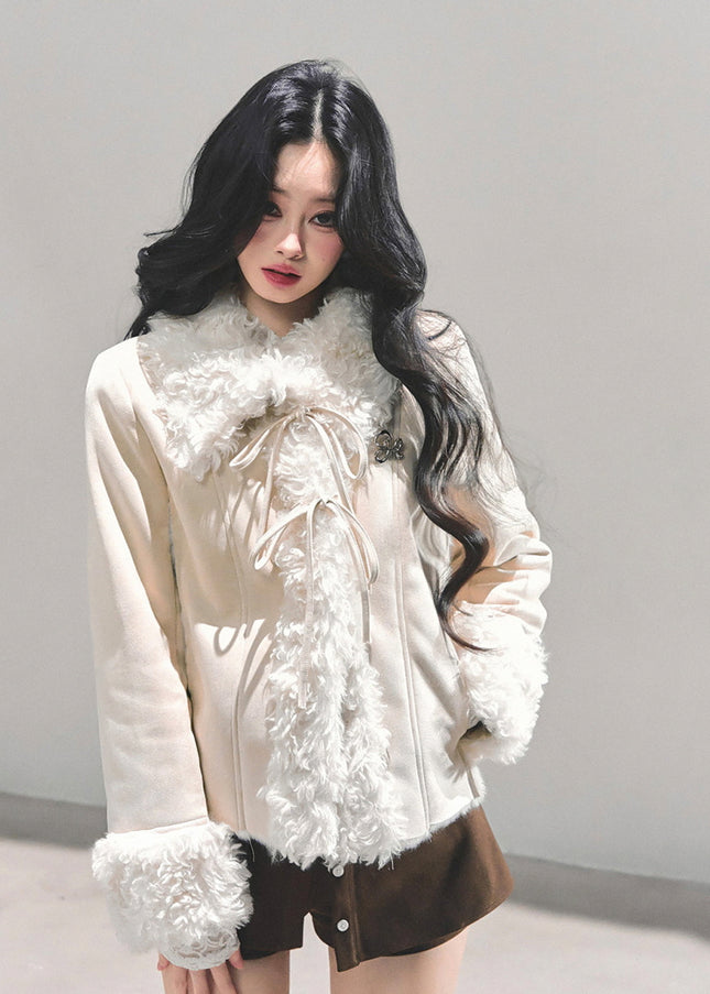 Furry Ribbon Charm Jacket - Apricot