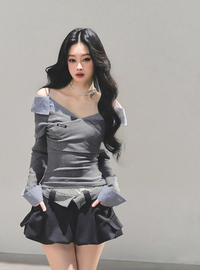 Off-Shoulder Shirt-Layer Knit Top