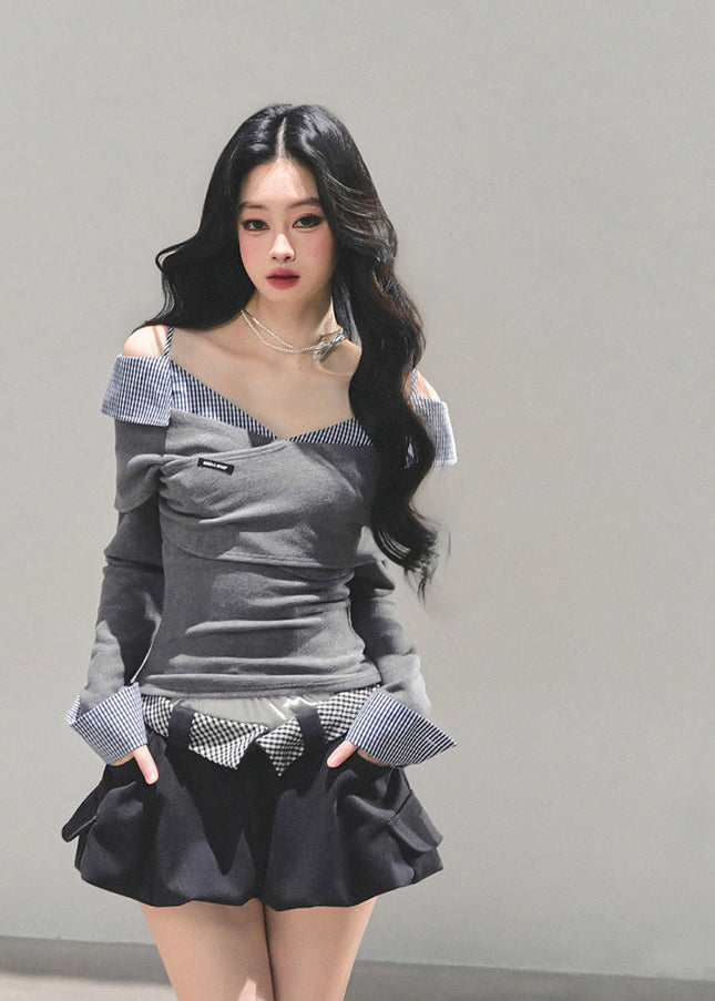 Off-Shoulder Shirt-Layer Knit Top