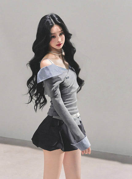 Off-Shoulder Shirt-Layer Knit Top