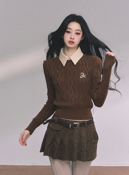 Preppy Layered Crop Knit -Brown