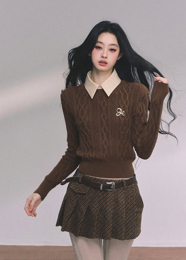 Preppy Layered Crop Knit -Brown