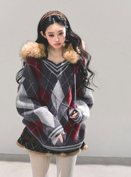 Argyle Fur Trim Knit Hoodie