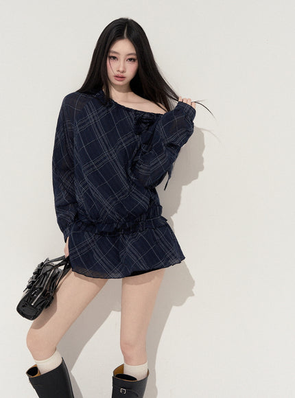 Lumi Check Ribbon Navy Mini Dress