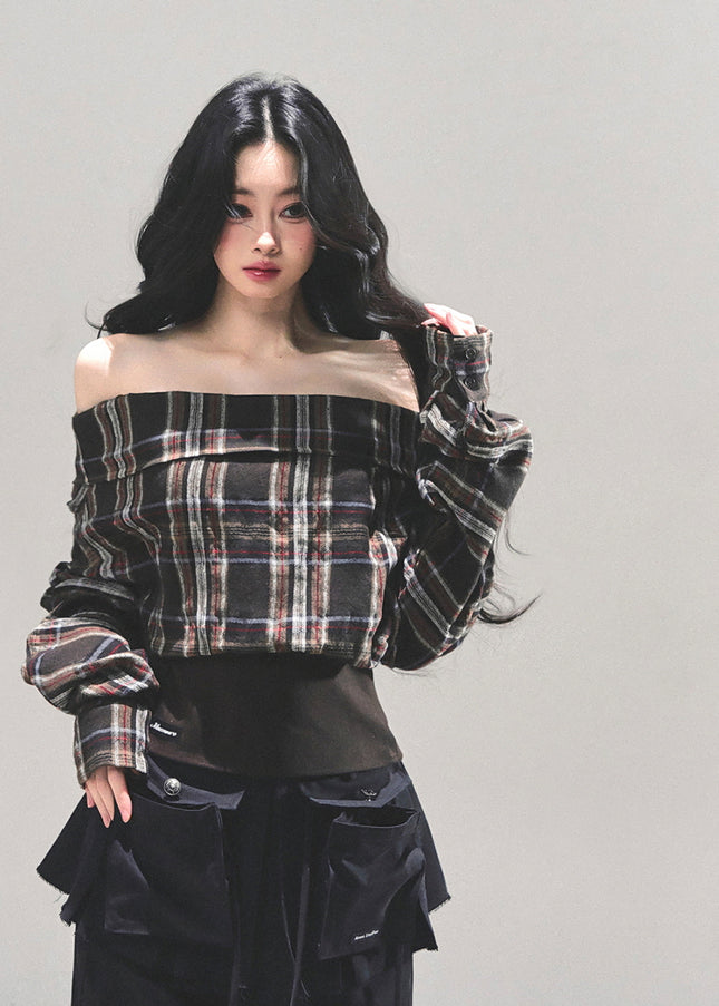 Off-Shoulder Plaid Cropped Top