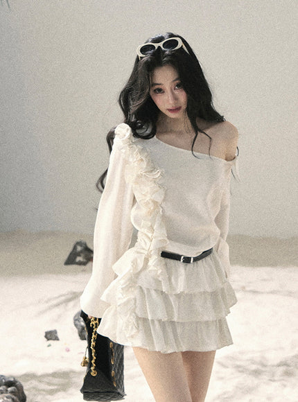 Ivory Ruffle Off Shoulder Muse Dress