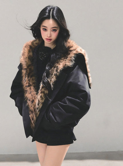 Faux Fur Trim Volume Jacket - Black