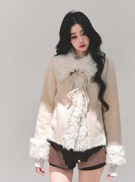 Furry Ribbon Charm Jacket - Apricot